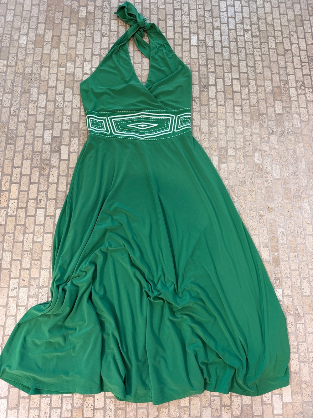 White House Black Market Emerald Green Halter Maxi Dress with Embellished Waist